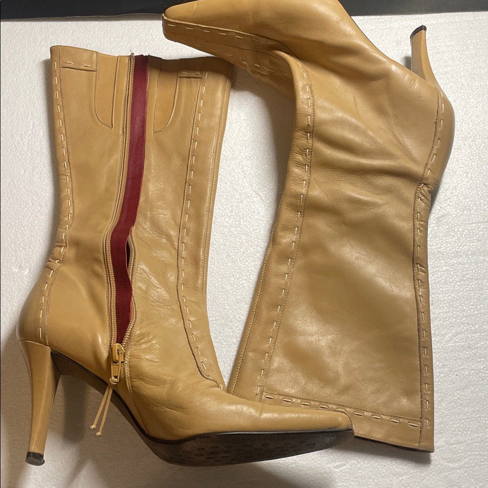 Donald J. Pliner Tan Heeled Boots with Red Zipper